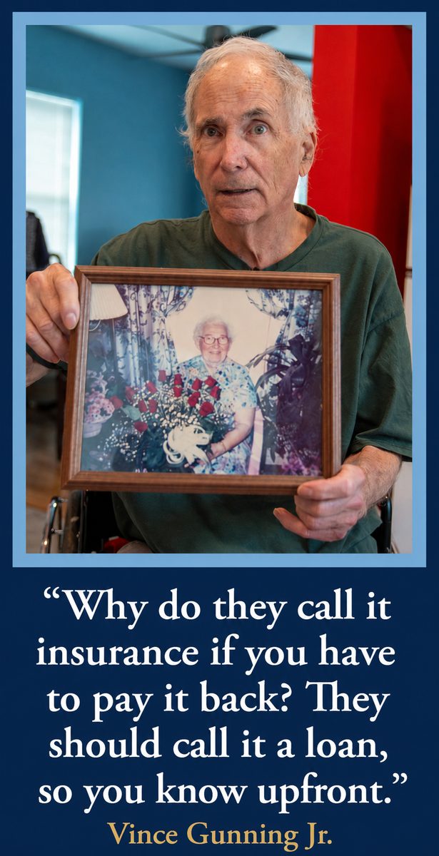Vince Gunning Jr. holding a photograph of his Aunt Grace