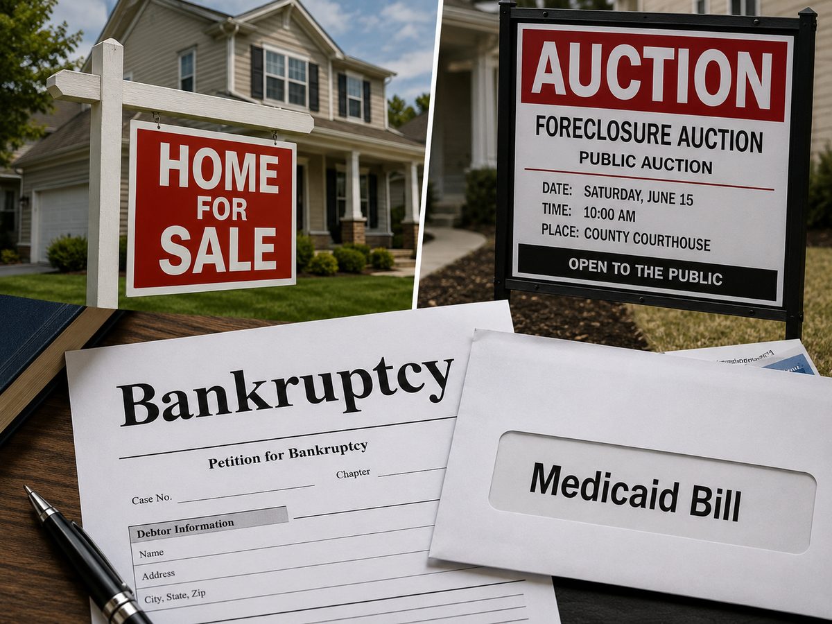 A home for sale, a foreclosure auction notice, a bankruptcy petition and a Medicaid bill