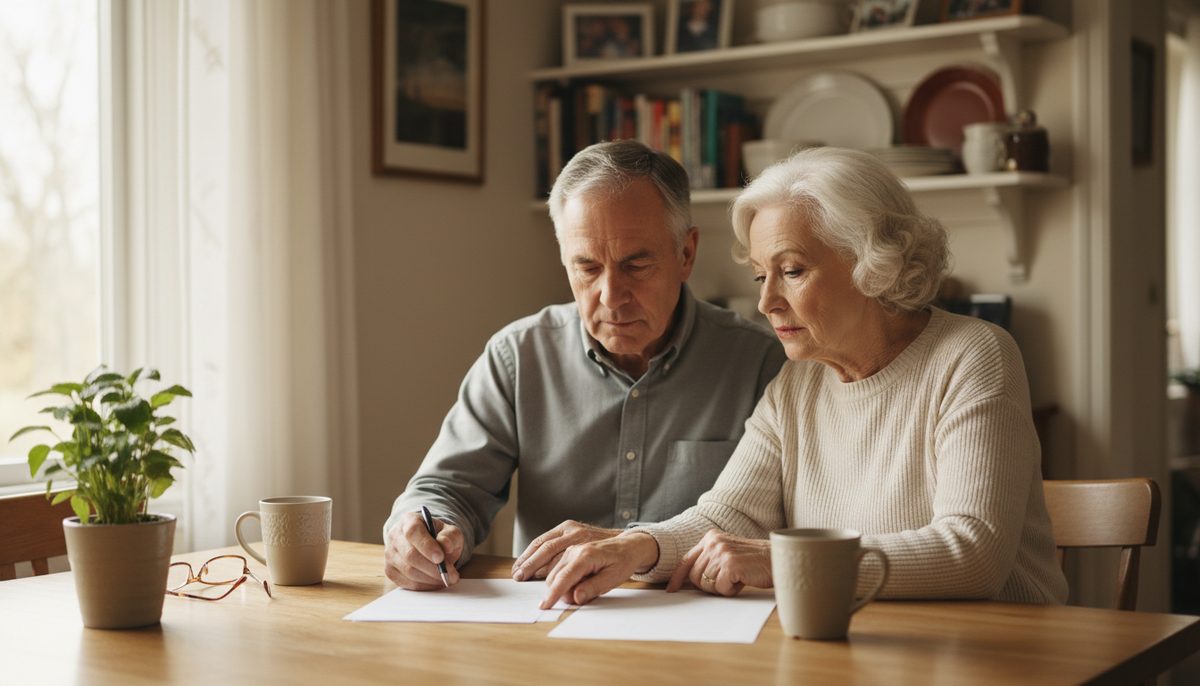 An older couple at their kitchen table going through paperwork together