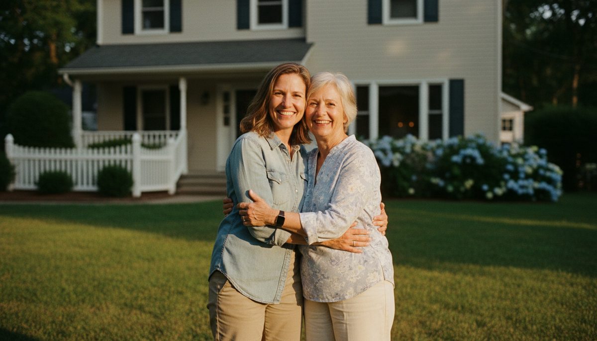 A daughter and her mother embracing on the lawn in front of the family home