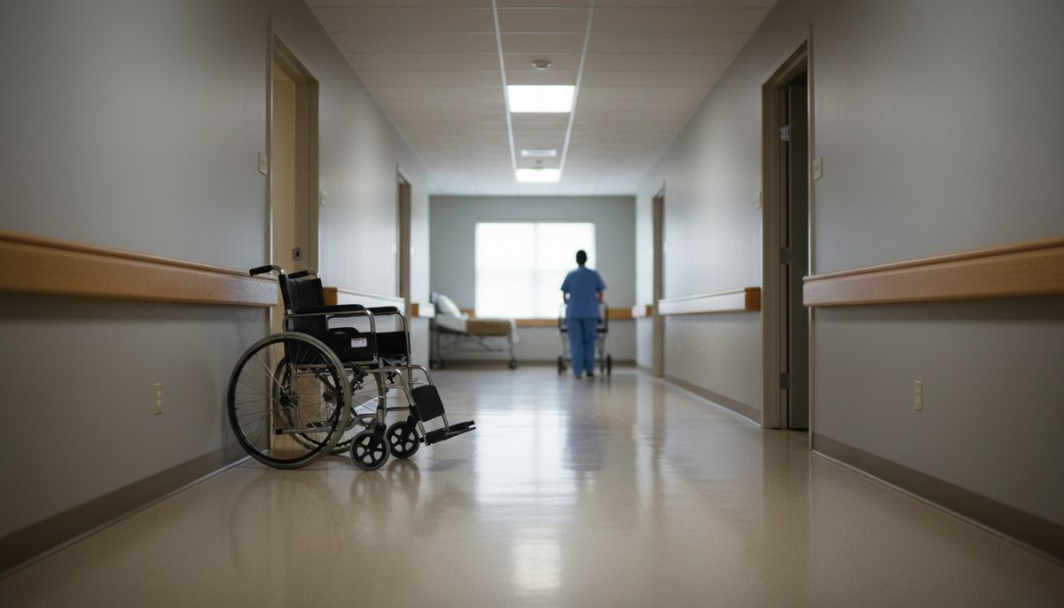 An empty corridor in a long-term care facility, a wheelchair parked by a doorway