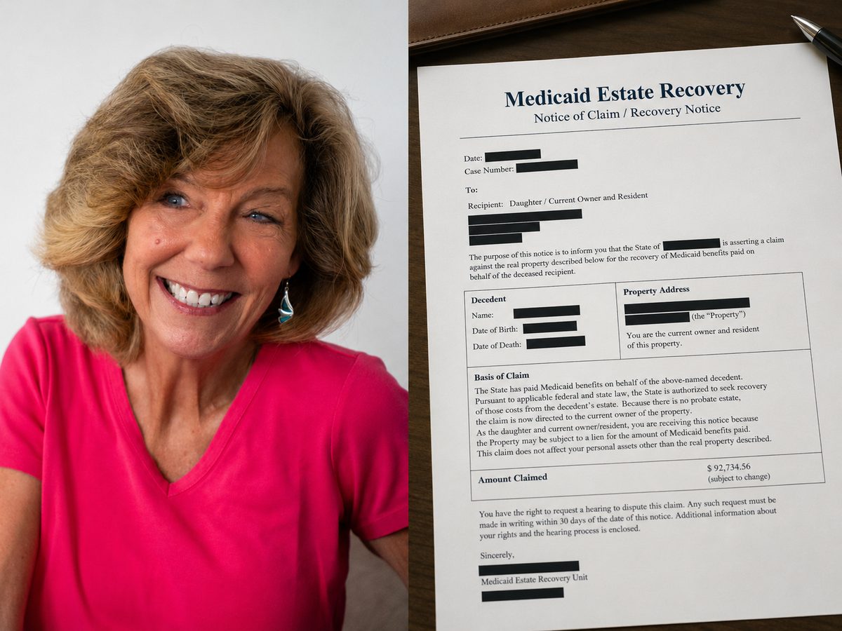 Sandy holding the Medicaid Estate Recovery notice sent after her father died