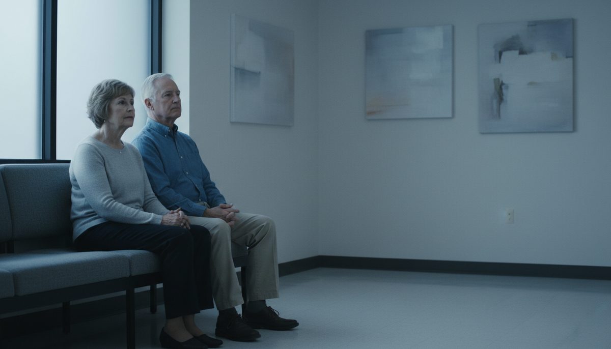 An older couple sitting and waiting in a clinical waiting room, hands folded